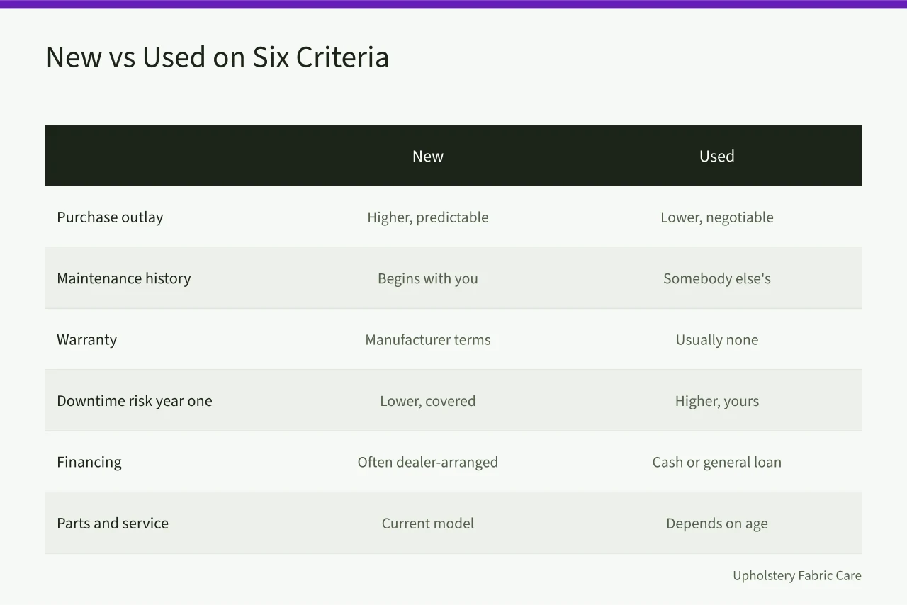 Comparison table of new versus used carpet cleaning equipment on six criteria (Should a carpet cleaning business buy new or used equipment for a small operation)