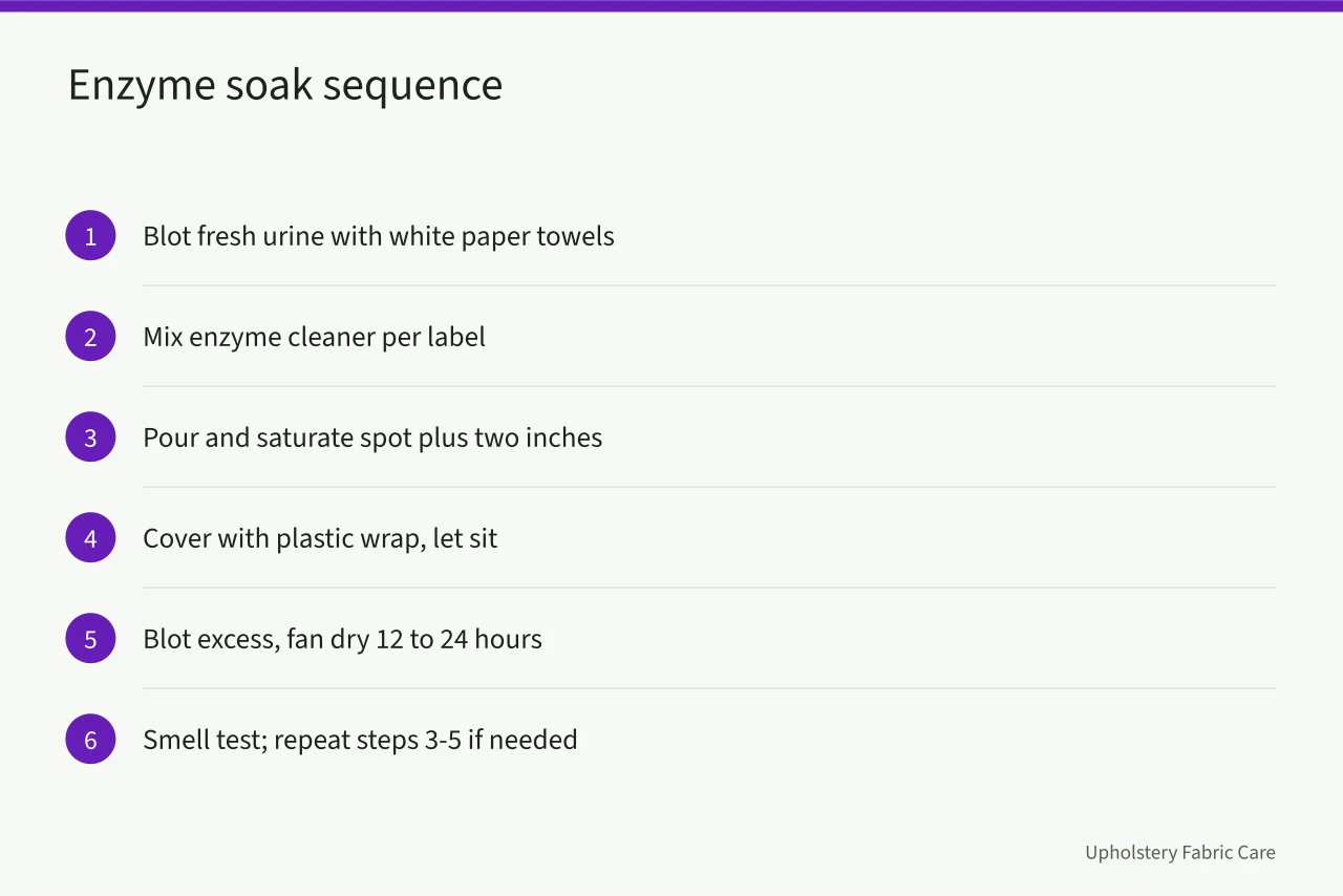 Six-step sequence for removing dog urine from couch cushions (Remove Dog Urine Smell from Couch Cushions for Good)