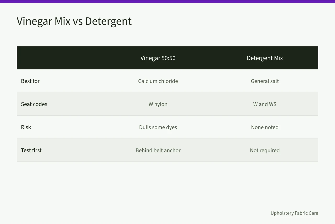 Comparison table of vinegar mix and detergent mix for salt stains (How to Remove Salt Stains from Fabric Car Seats (Canadian Winter Guide))