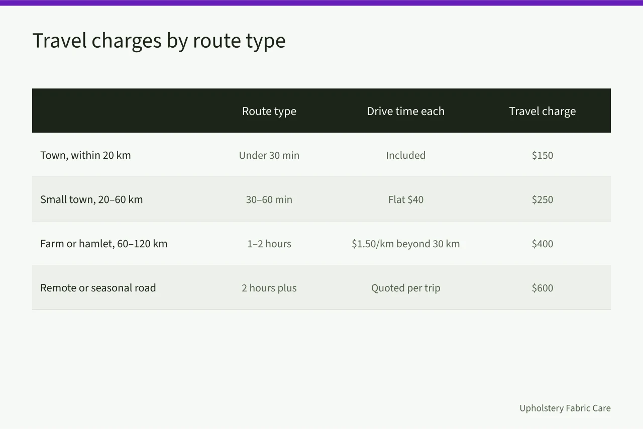 Table comparing travel charges and minimums by rural route type (What does a rural Manitoba or Saskatchewan service route really cost?)