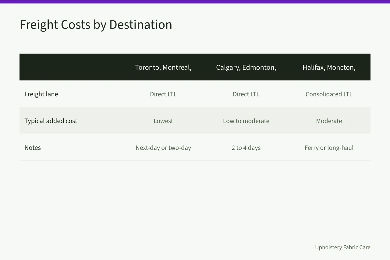 Table comparing freight costs and lanes to Canadian destinations (Sourcing truck-mount equipment in Canada, duties and suppliers)