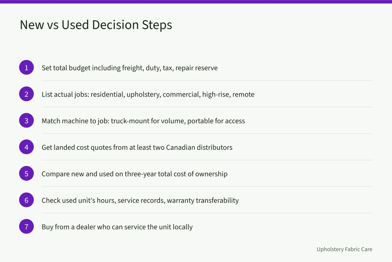Seven-step checklist for deciding between new and used truck-mount equipment (Sourcing truck-mount equipment in Canada, duties and suppliers)