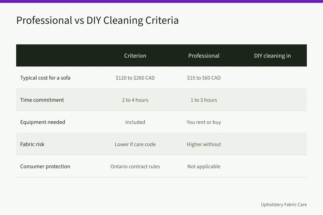 Comparison table of professional versus DIY upholstery cleaning criteria in Toronto (Upholstery Cleaning Company vs DIY in Toronto: Which Is Worth It?)