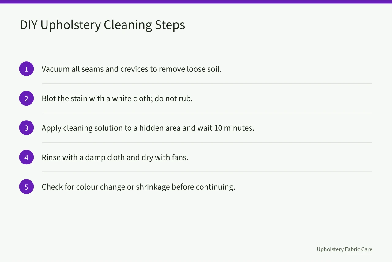 Five-step DIY upholstery cleaning process from vacuuming to checking for damage (Upholstery Cleaning Company vs DIY in Toronto: Which Is Worth It?)