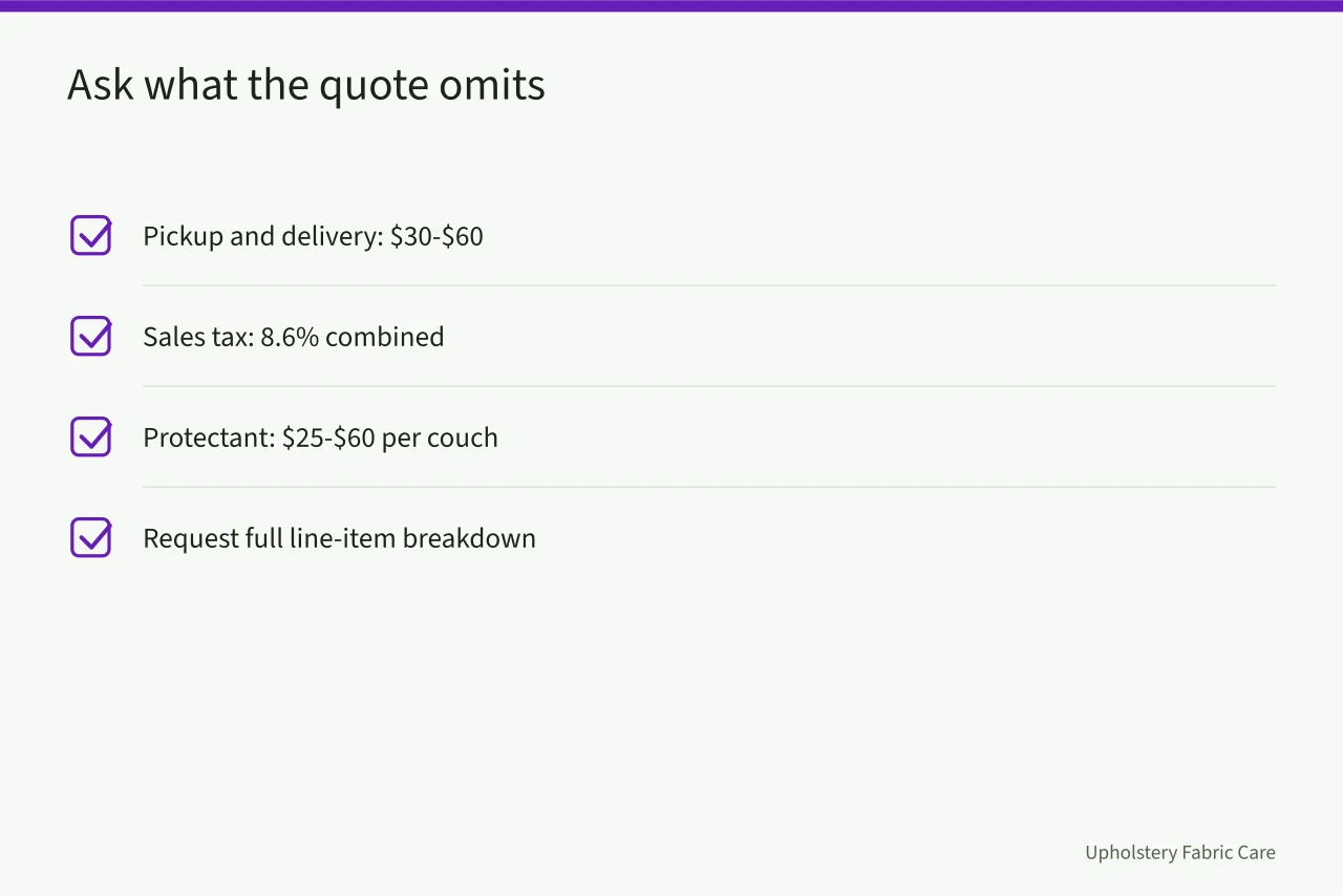 Checklist of commonly omitted charges in upholstery cleaning quotes (Upholstery Cleaning Prices in Phoenix: What a Couch Costs)