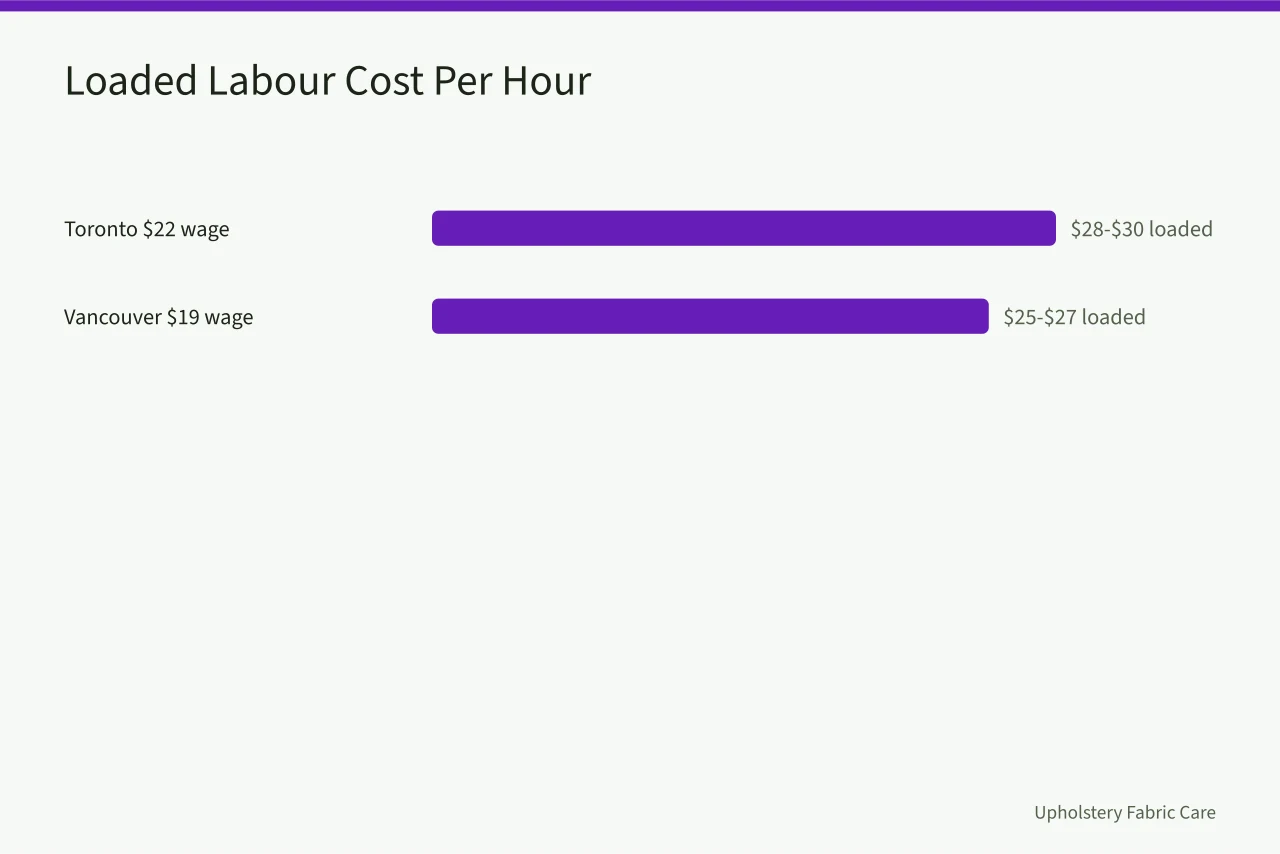 Bar chart comparing loaded labour cost per hour in Toronto and Vancouver (Pricing upholstery cleaning in Toronto against Vancouver rates)