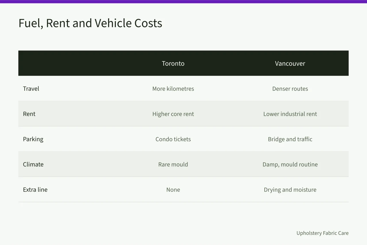 Comparison of fuel, rent, parking and climate costs for Toronto and Vancouver upholstery cleaners (Pricing upholstery cleaning in Toronto against Vancouver rates)