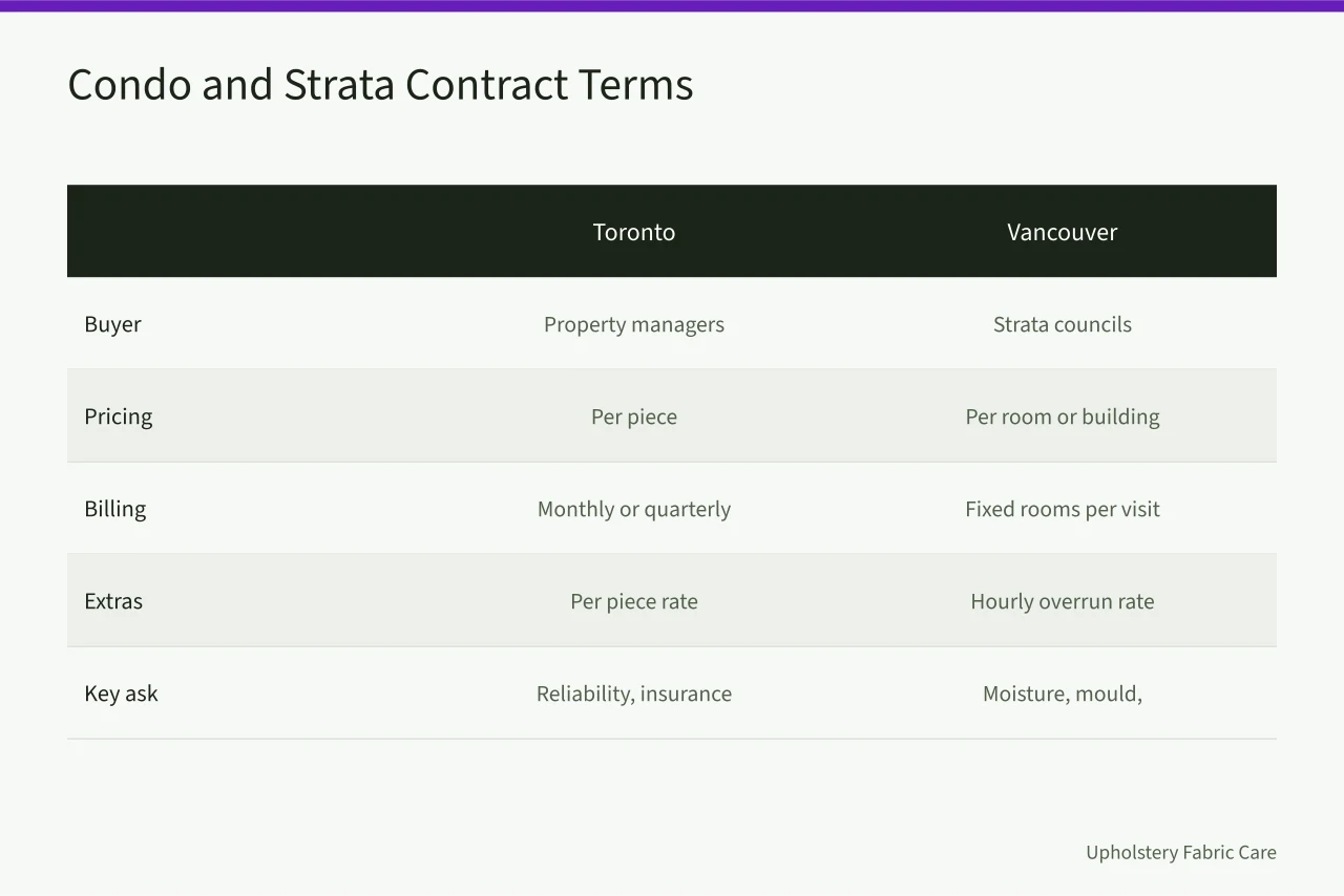 Comparison of Toronto condo and Vancouver strata upholstery cleaning contract terms (Pricing upholstery cleaning in Toronto against Vancouver rates)
