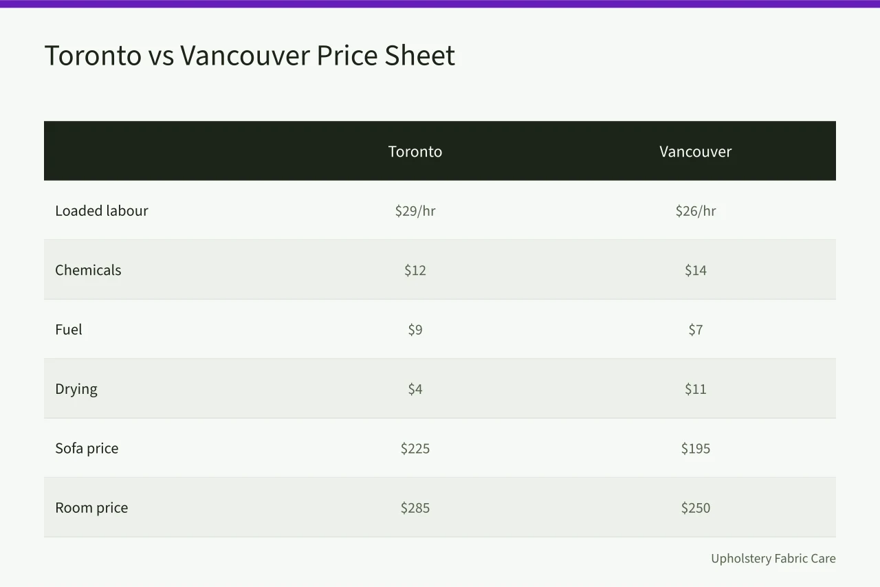 Price sheet comparing Toronto and Vancouver upholstery cleaning costs and quoted prices (Pricing upholstery cleaning in Toronto against Vancouver rates)