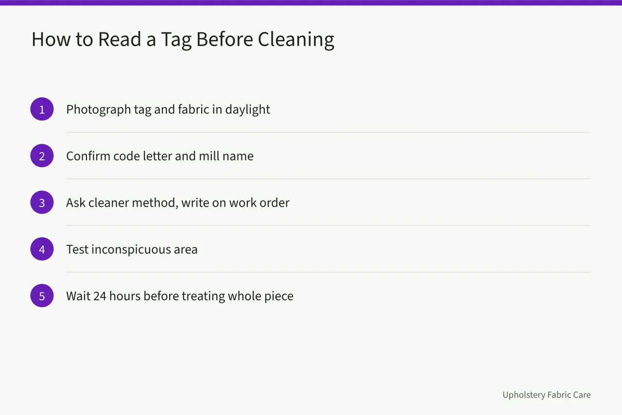 Five-step checklist for reading upholstery tags before cleaning (What Upholstery Fabric Codes on Furniture Tags Mean)