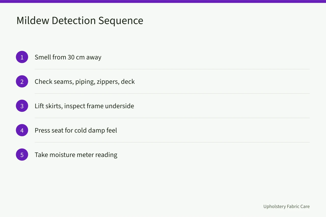 Five-step mildew detection sequence: smell, sight, touch, meter, checklist (How Vancouver damp and mould change upholstery cleaning methods)