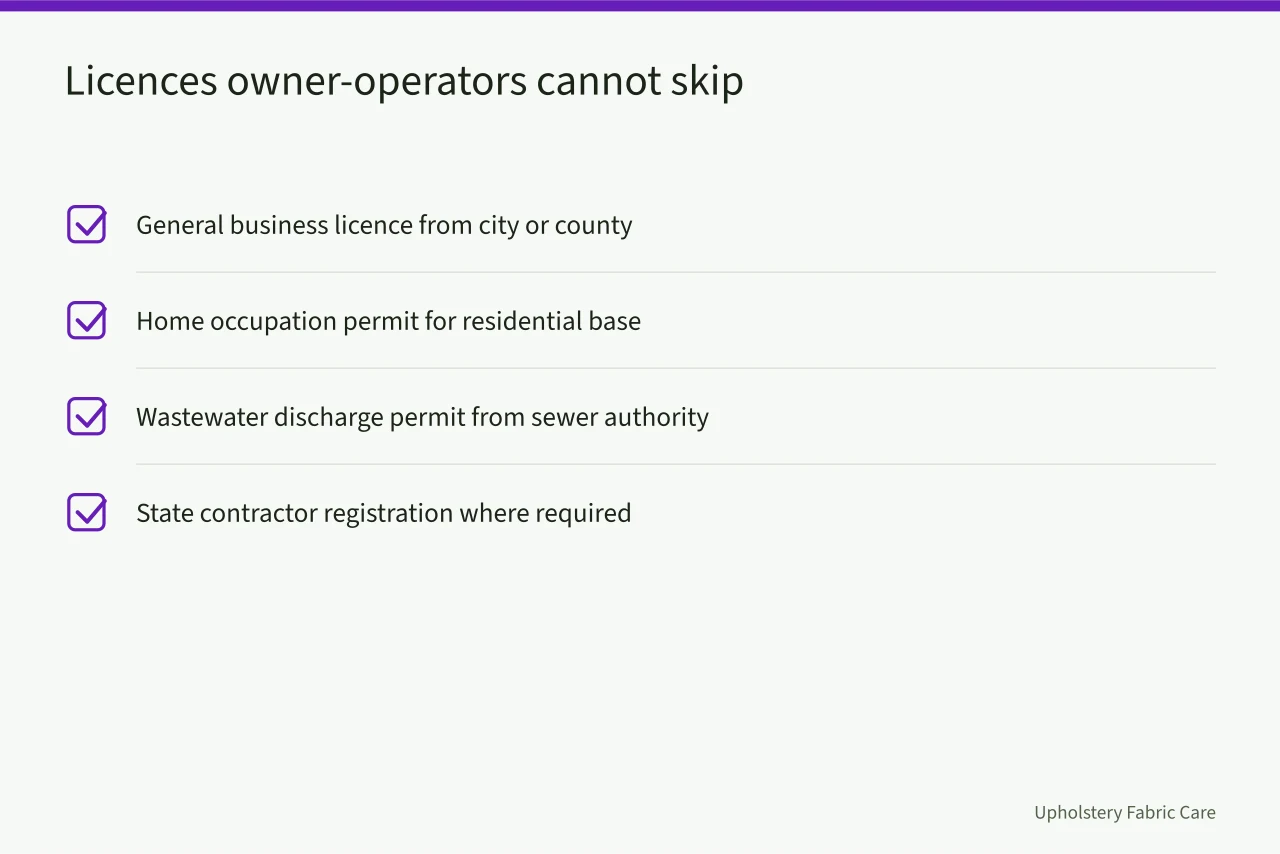 Checklist of four licences a carpet cleaning owner-operator needs (Which licences a carpet cleaning business cannot skip for owner-operators)