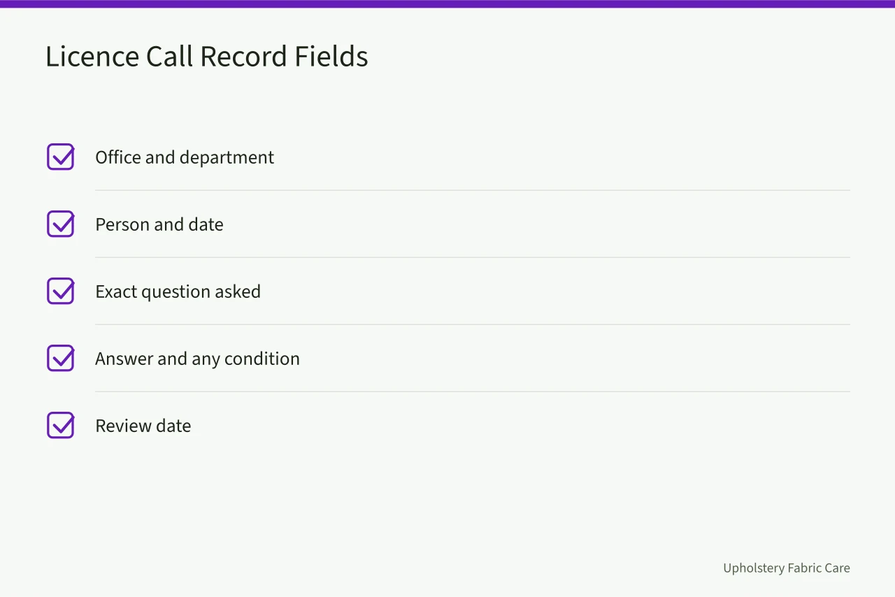 Checklist of five fields to record after a licence phone call (Which licences a carpet cleaning business cannot skip for owner-operators)