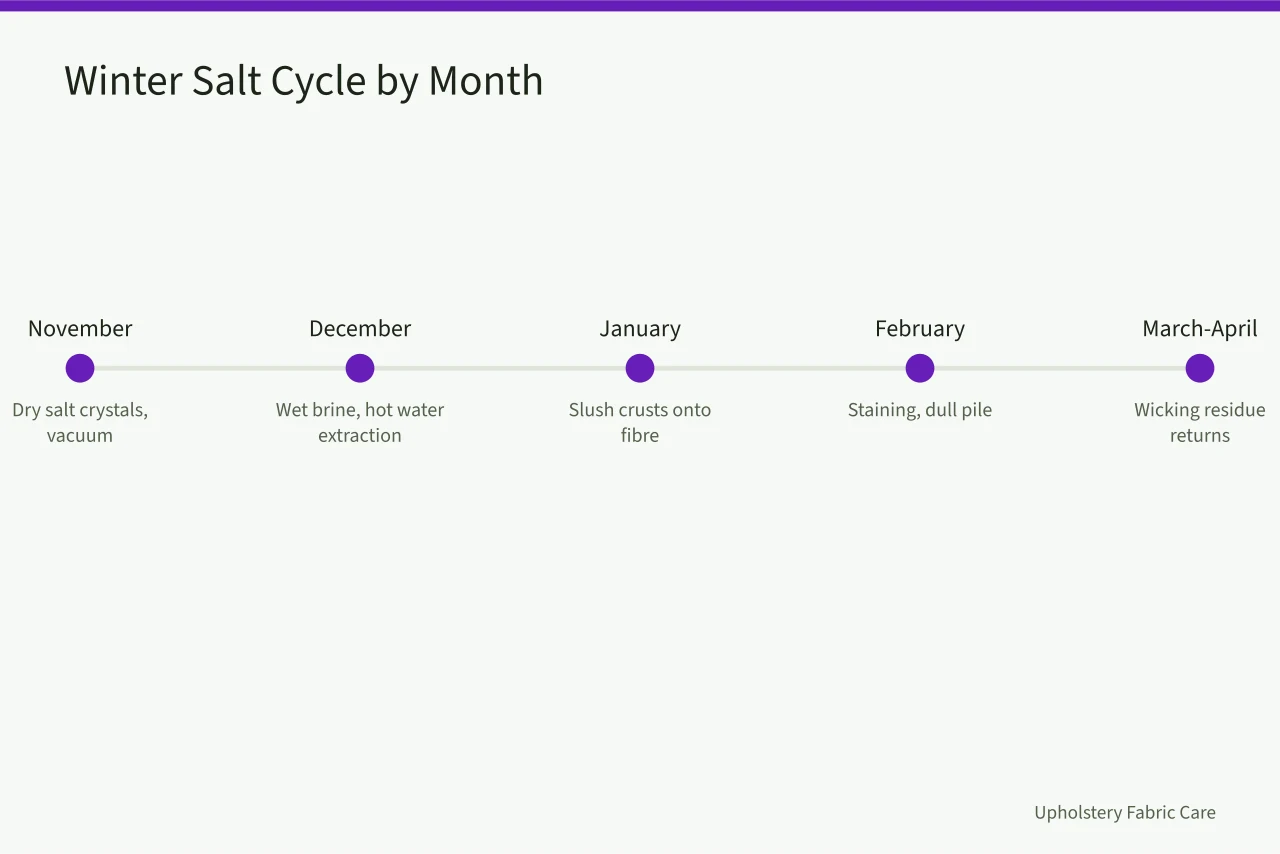 Timeline of winter carpet salt phases from November to April (Winter salt and slush, a Canadian carpet care calendar)