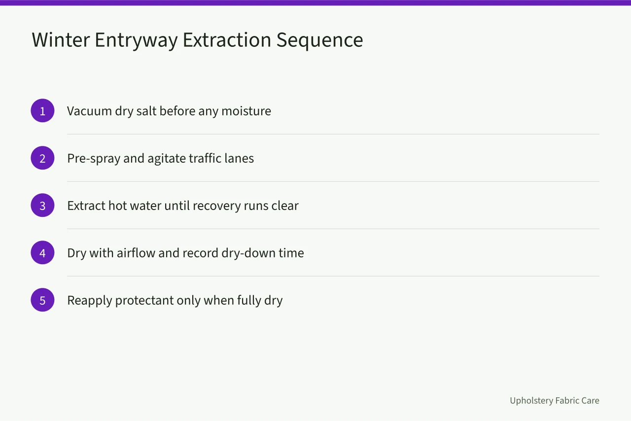 Five-step winter entryway carpet extraction sequence (Winter salt and slush, a Canadian carpet care calendar)