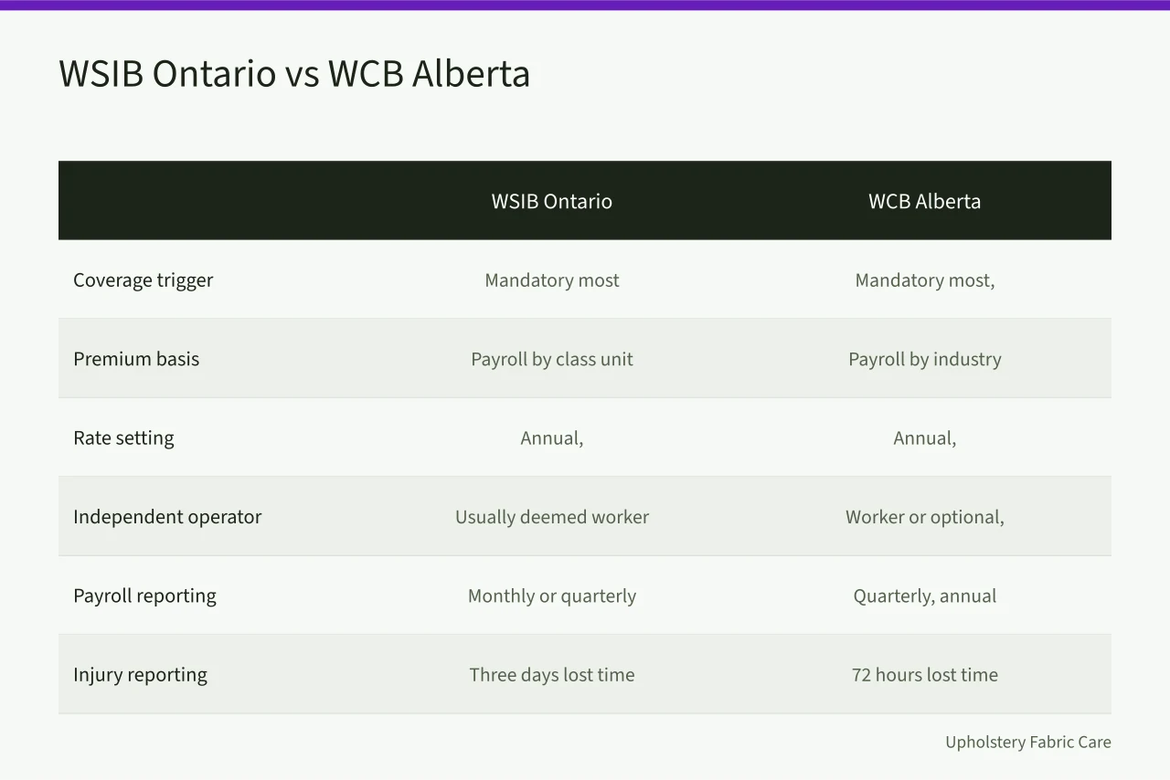 Comparison table of WSIB Ontario and WCB Alberta coverage, premiums, reporting and operator rules (WSIB Ontario and WCB Alberta compared for carpet cleaning staff)